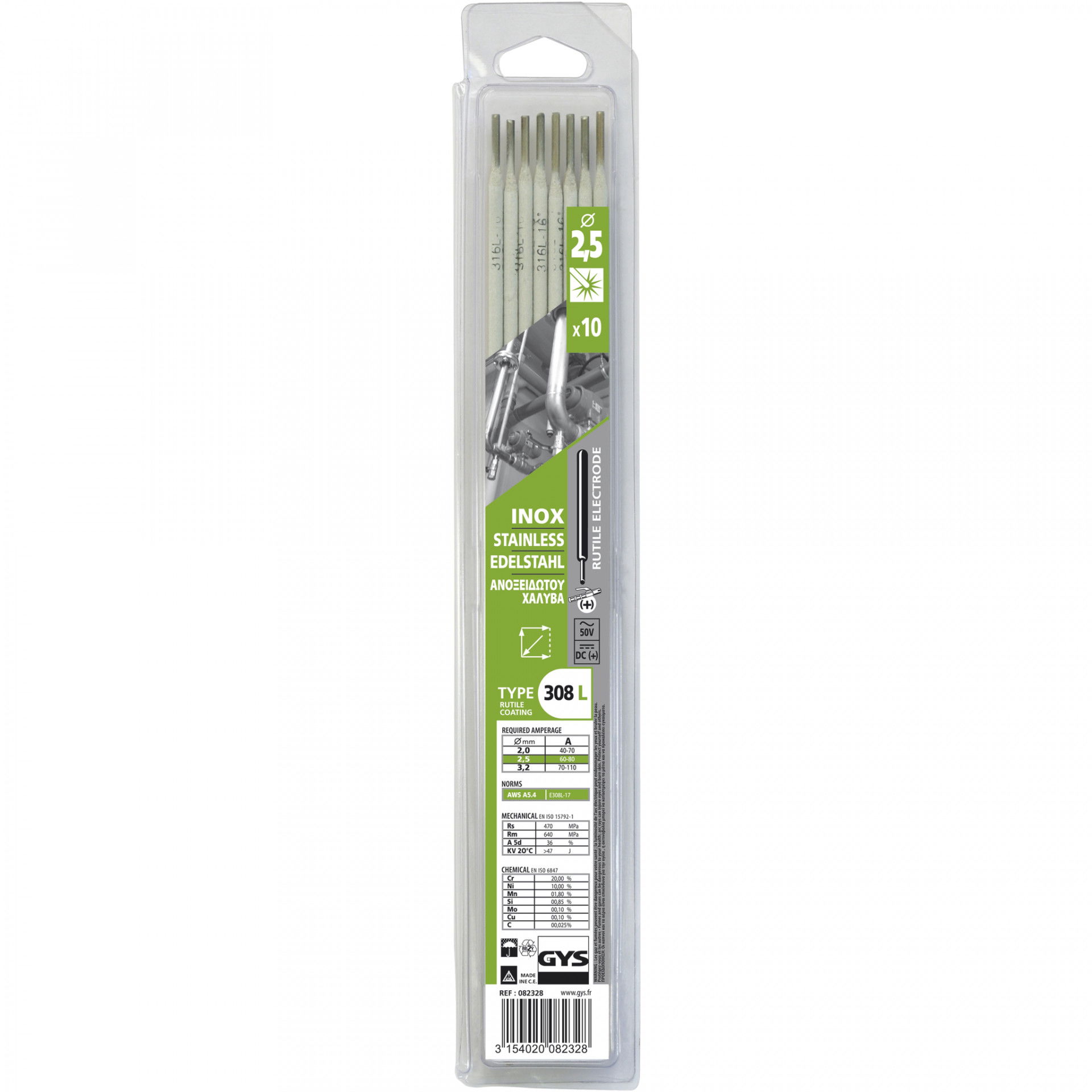 GYS INOX 308L rozsdamentes hegesztő elektróda, 2.5 mm, 10 szál/csomag termék fő termékképe